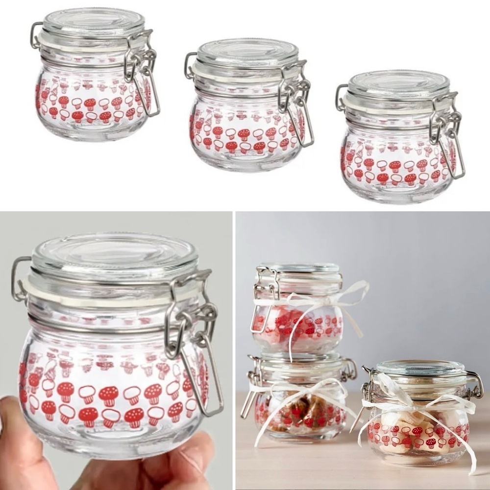 Fall Mushroom Set of 3 Ikea Korken 4oz Glass Mason Jars Toadstool Cottagecore